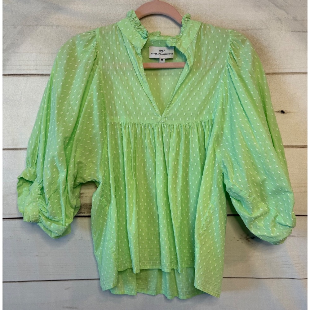 Never A Wallflower Green Swiss Dot Puff Sleeve Ruffle Neck Blouse Top Womens M